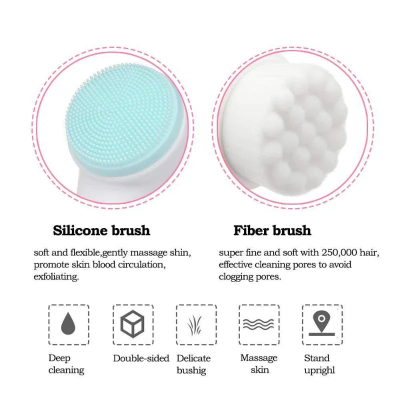 2-in-1 Double-Sided Facial Cleansing Brush | Soft Bristle Cleanser & Silicone Exfoliating Massage Tool